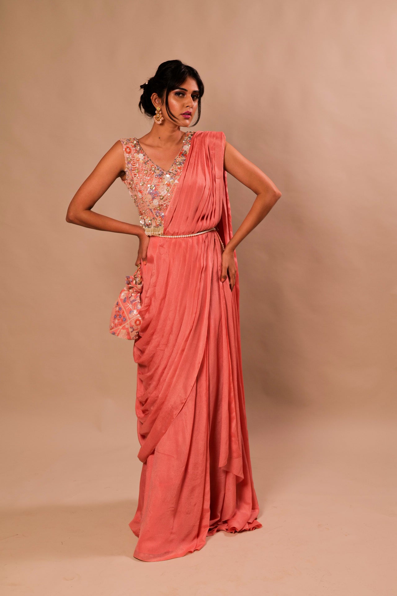 Fancy Coral Pink Drape Saree