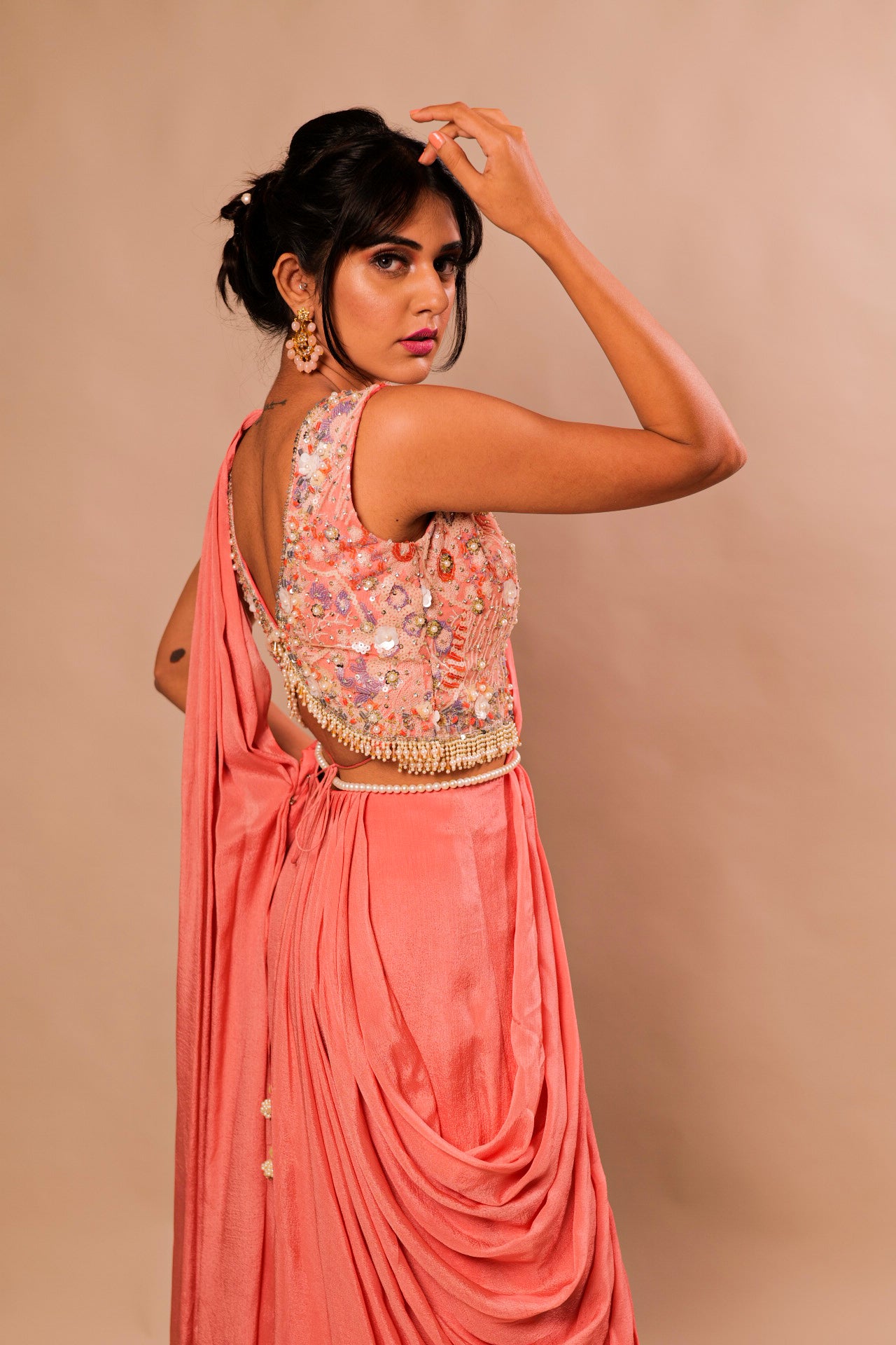 Fancy Coral Pink Drape Saree