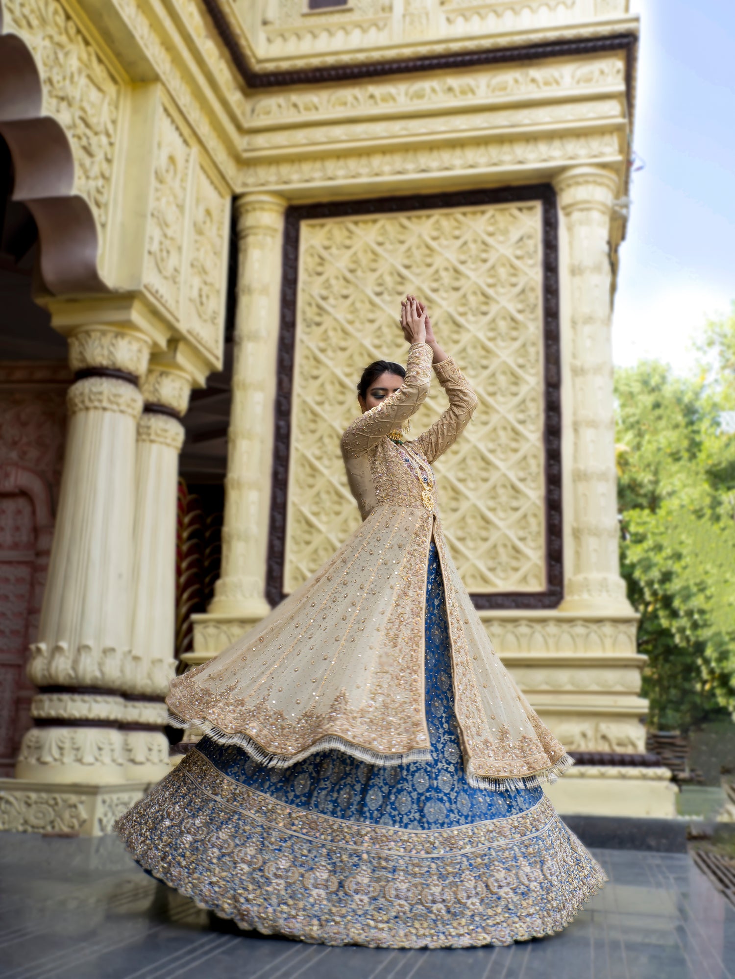 Golden jacket with teal lehenga