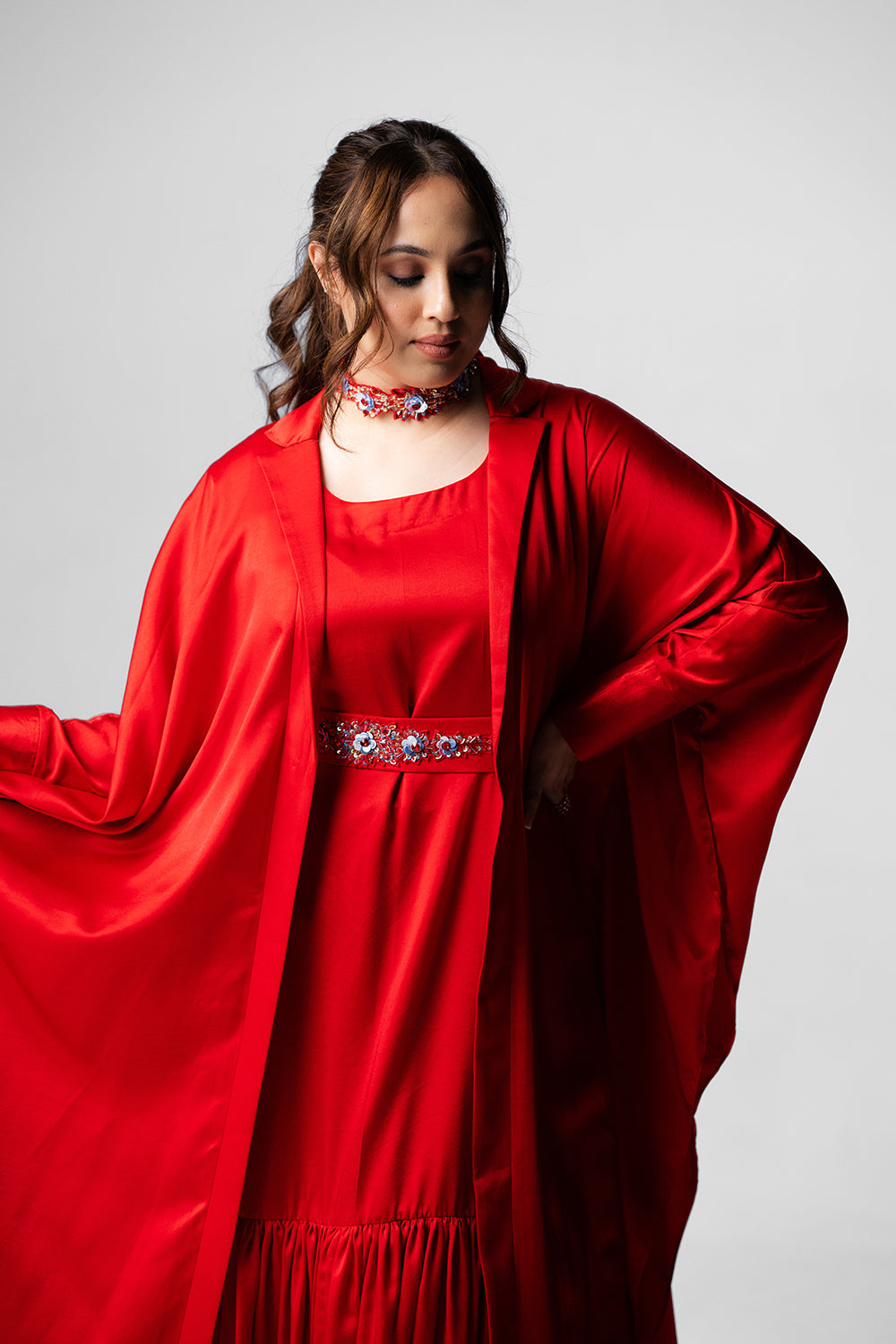 Crimson Red Satin Kaftan Gown Set