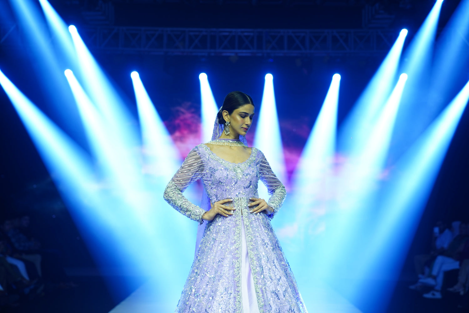 Lavendar gown with a trail