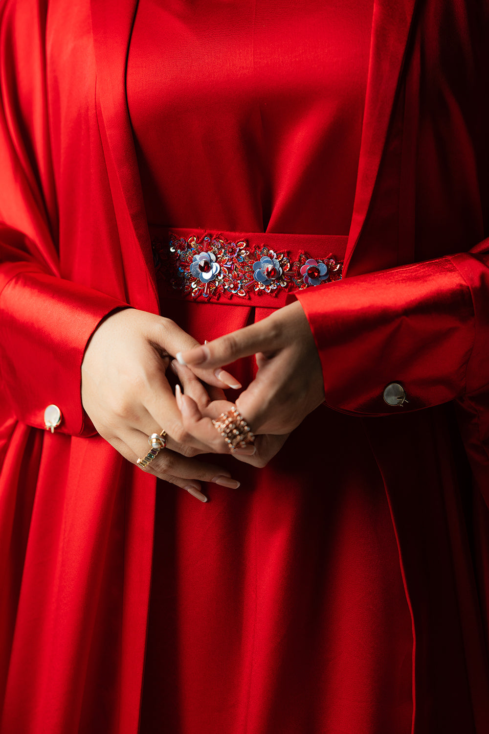 Crimson Red Satin Kaftan Gown Set