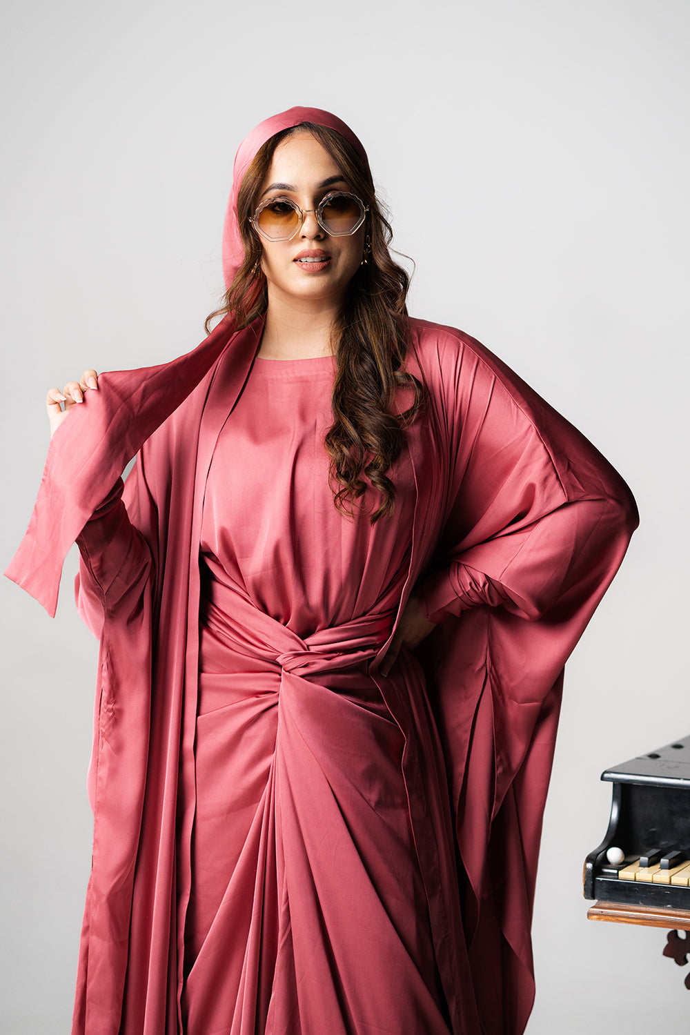 Dusty Rose Satin Kaftan Gown Set